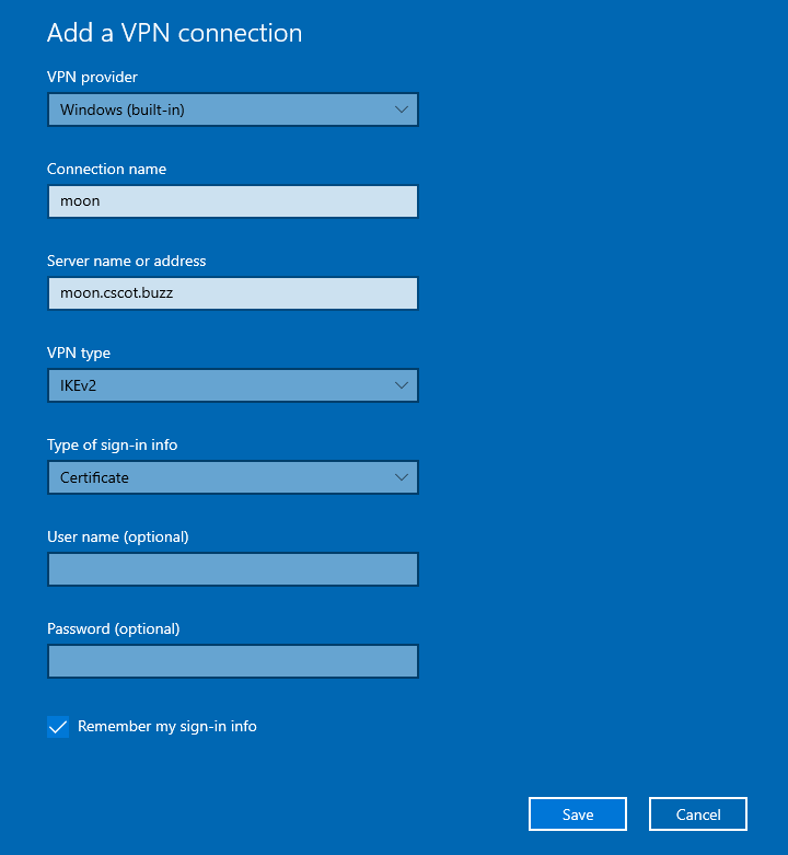 Adding and IKEv2 VPN connection in Microsoft Windows