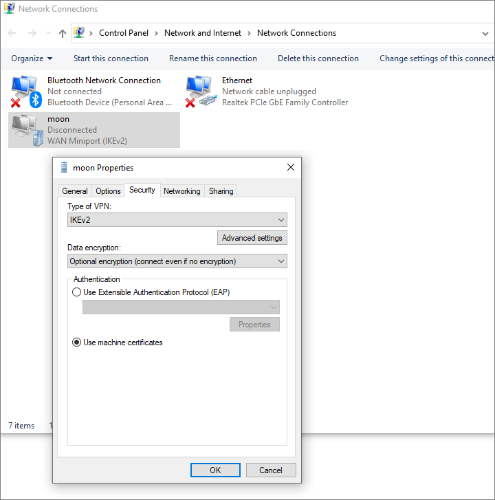 Microsoft Windows WAN miniport set to machine certificate authentication