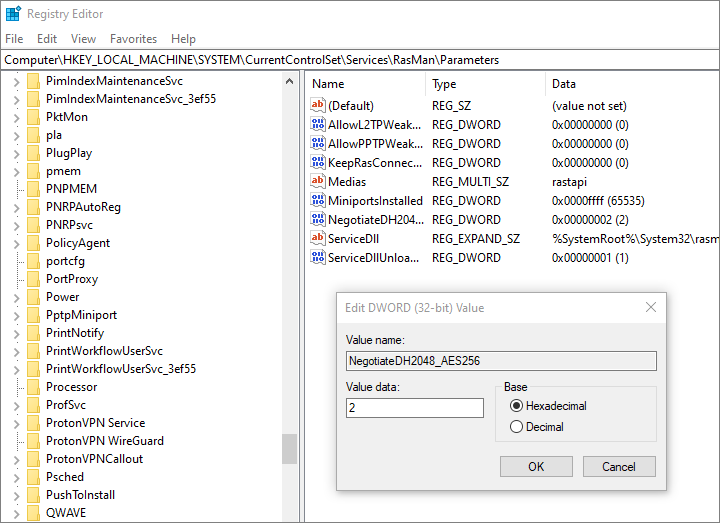 Windows Registry Editor entry for NegotiateDH2048_AES256