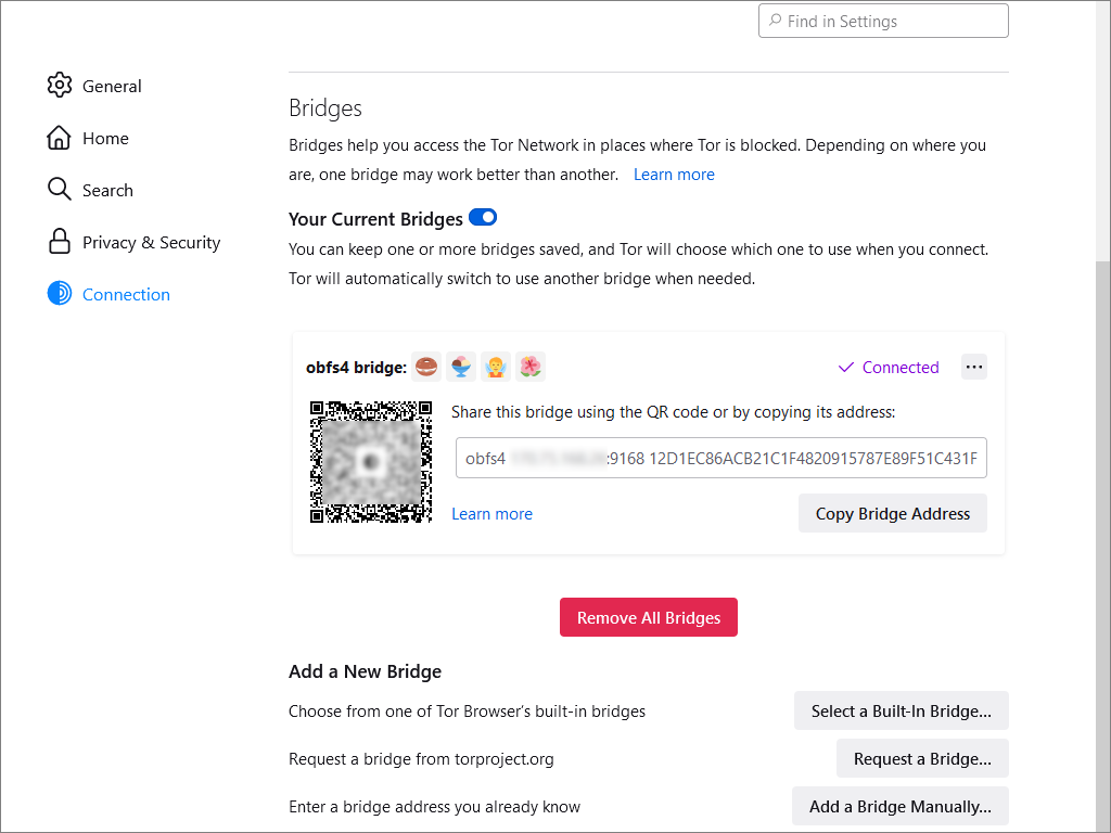 Add a bridge manually in Tor Browser